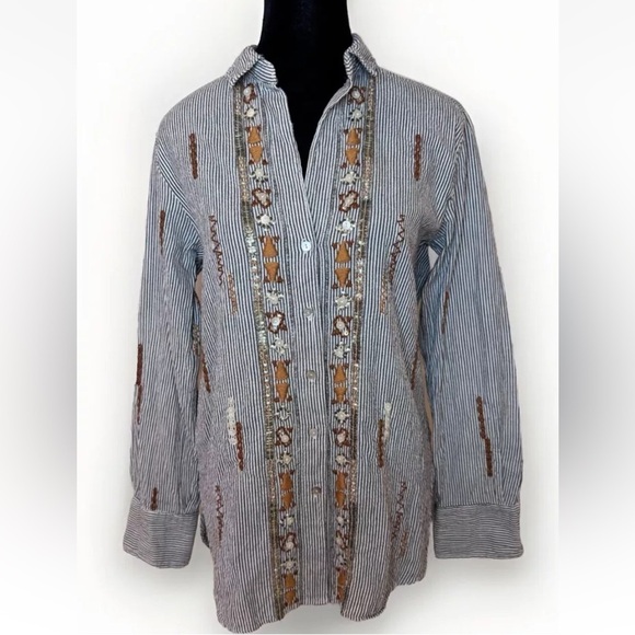 Zara Woman Top XS Gray Striped Embroidered Beaded Southwestern Boho Button Shirt - Picture 1 of 10